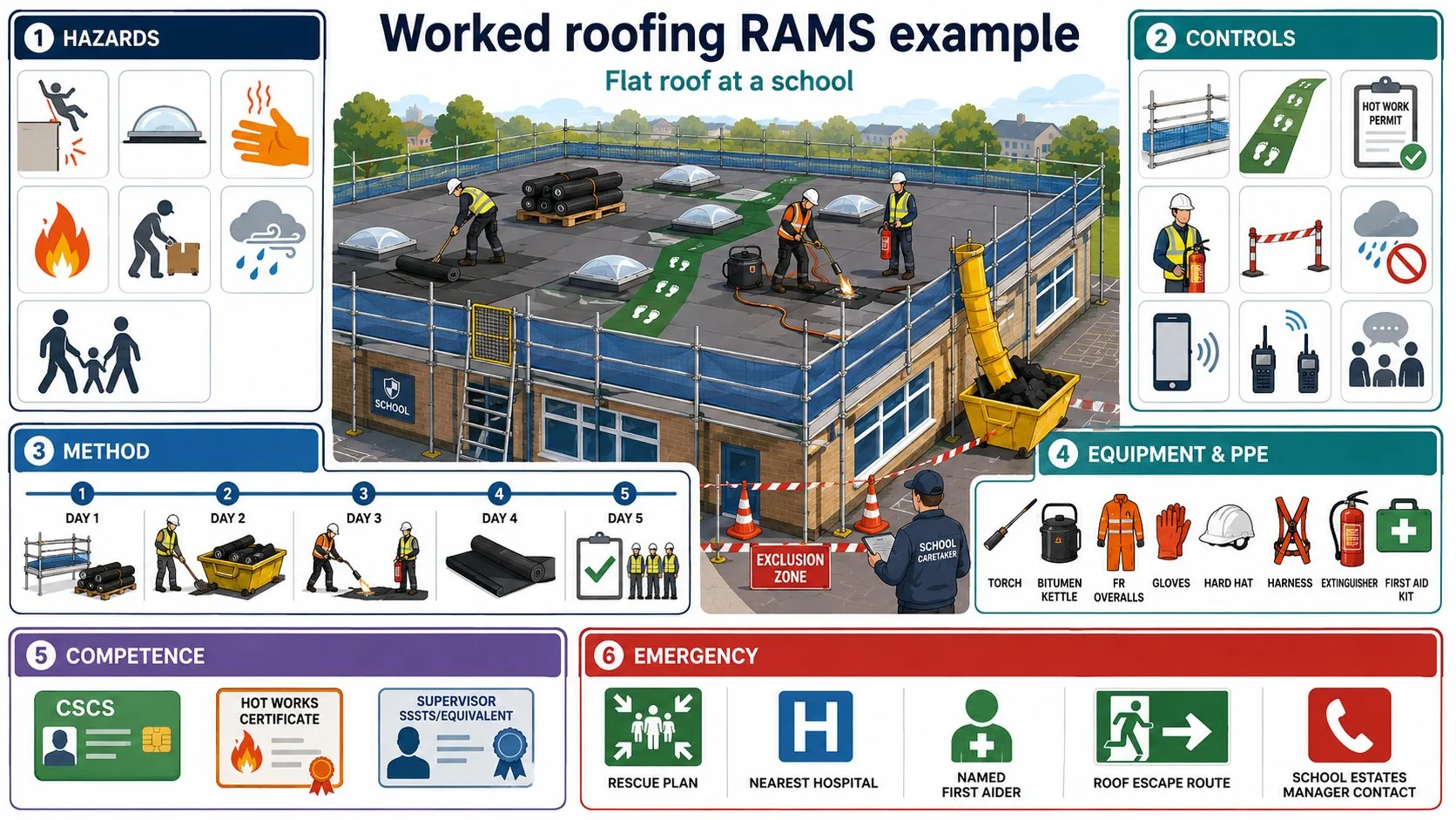 Worked roofing RAMS example for a flat roof at a school